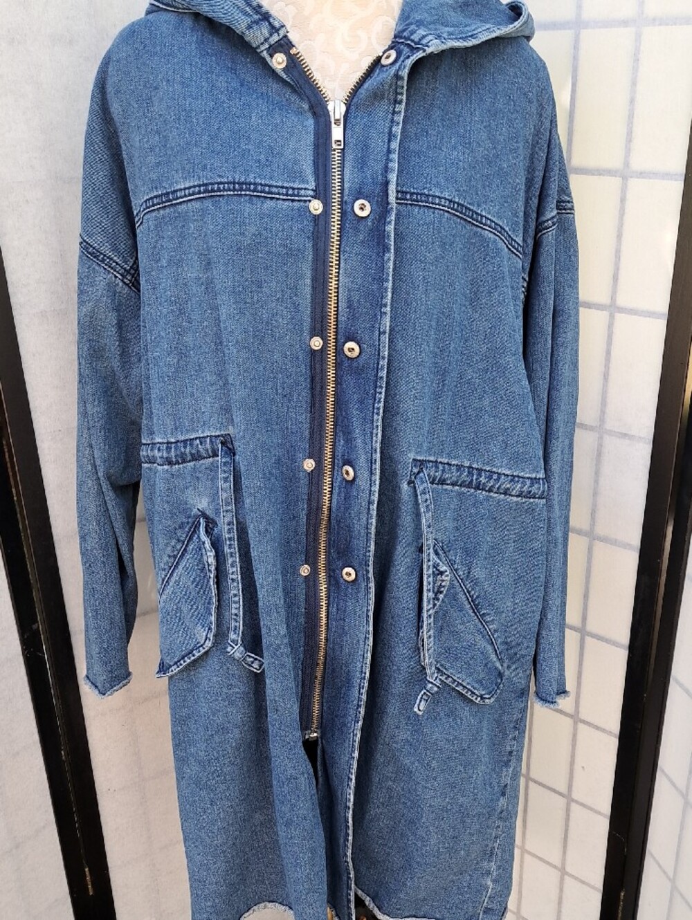 Forever 21 Womens Blue Denim Jean Hooded Long Jacket Size L - Picture 6 of 12
